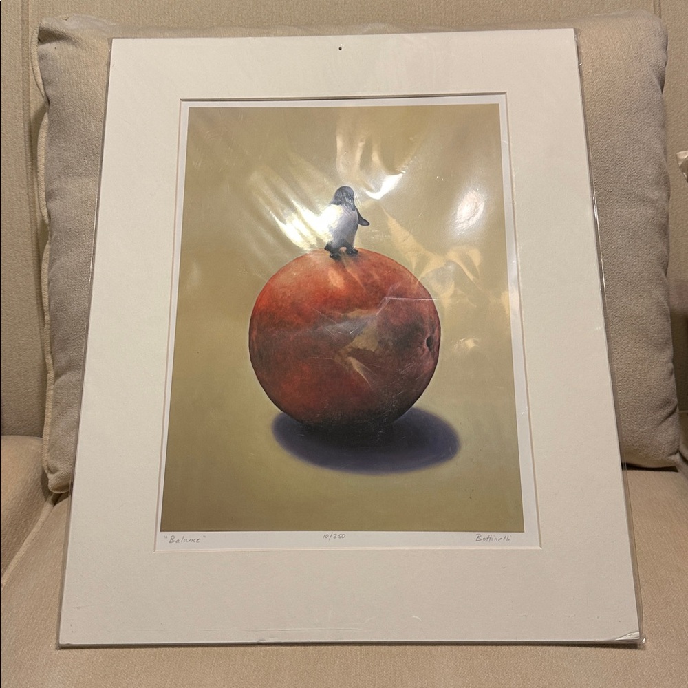 Penguin on Orange Sphere Art Print 10/250